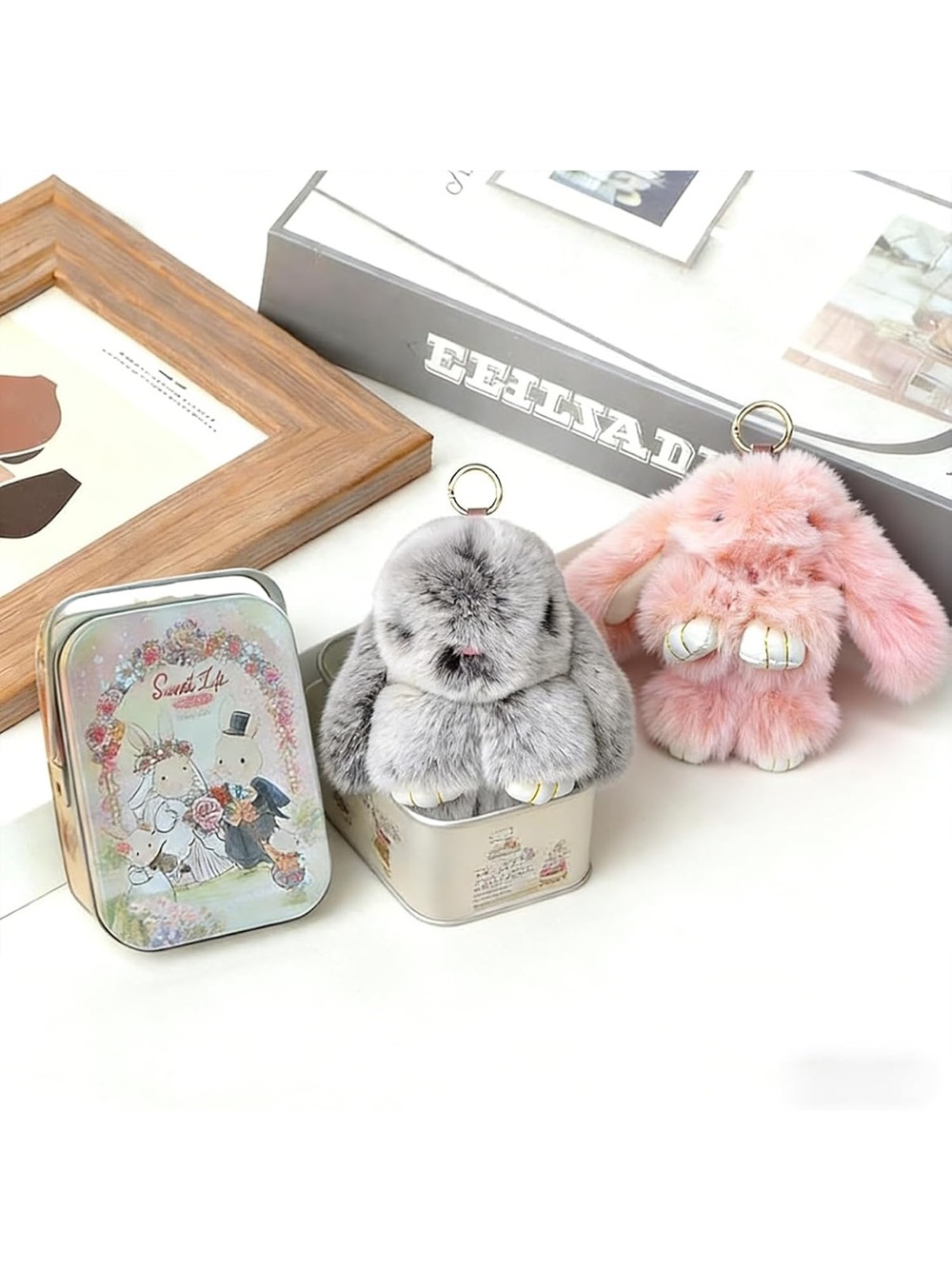 New Black Soft Bunny Keychain in a Decorative Tin Box